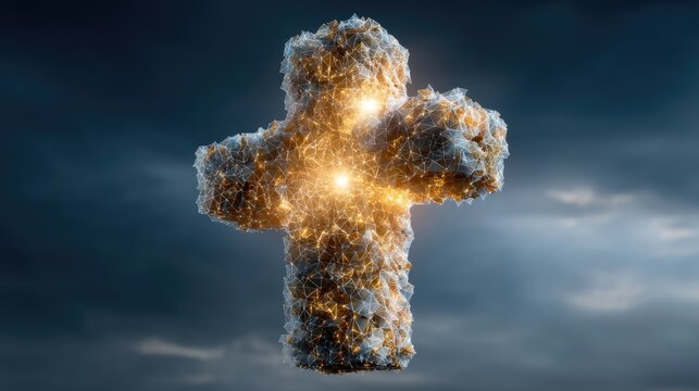 Abstract representation of a luminous cross symbol glowing against a dramatic cloudy sky, showcasing intricate digital design and spiritual connotations