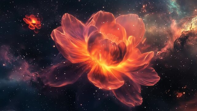 Abstract glowing lotus flowers in space against nebulae background