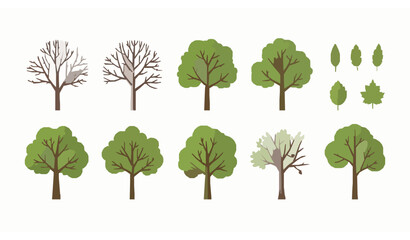 Fototapeta premium Hand Drawn Tree and Leaf Vector Set with Bare and Lush Green Botanical Elements