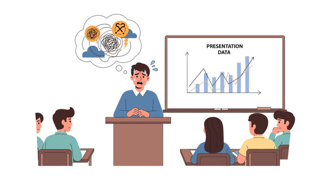 Public speaking anxiety and fear of failure illustrated with a nervous presenter facing a challenging audience and data chart