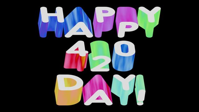 : high-resolution 4k trippy pastel looping 3d typography render on a black background for celebrating happy 420 day. it features rotating text with colorful iridescent extrusion.