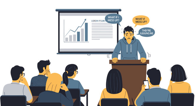 Nervous Man Giving Presentation to Audience, Anxiety and Public Speaking Stress