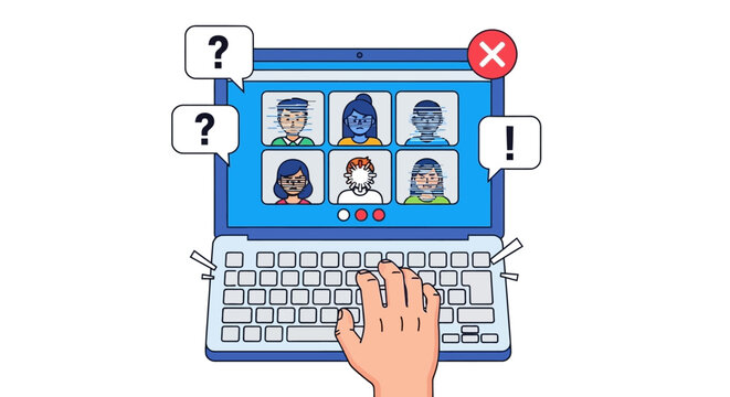 Video conference call with confused and alerted participants, communication issues and technical difficulties on a laptop screen