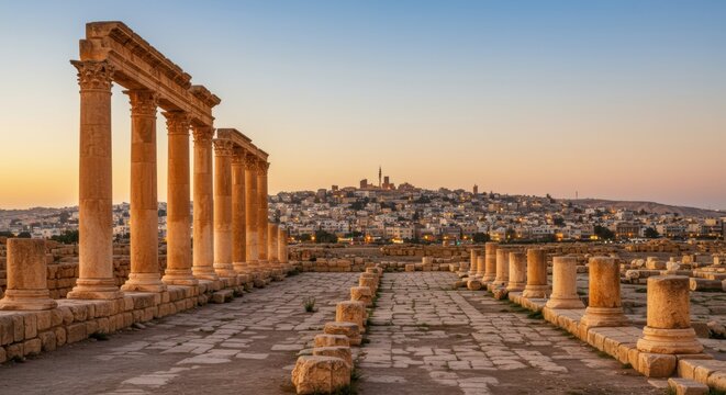 Ancient stone columns in hilltop ruins overlooking a lit residential city at sunset, ideal for historical documentary or heritage tourism advertising campaigns