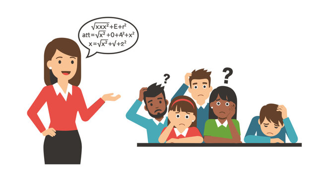 A confused group of students struggling to understand complex mathematical equations presented by their teacher