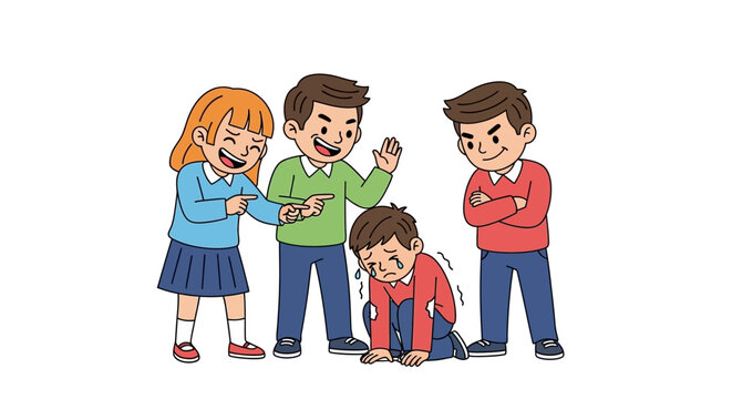 Illustration of children bullying a classmate who is crying on the ground, depicting the negative impact of peer aggression and social exclusion in schools
