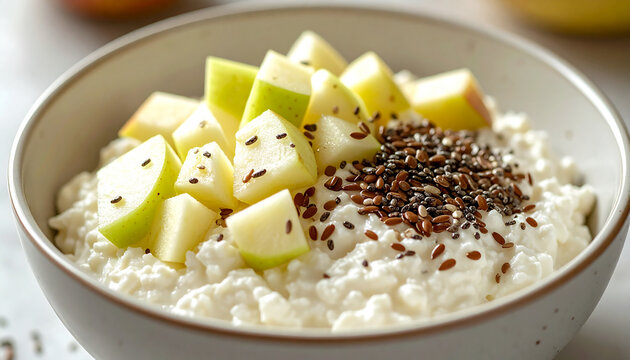 Nutritious breakfast bowl with creamy cottage cheese with diced fresh apples and crunchy flax seeds. Fresh and healthy food, balanced diet