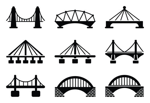 Collection of Diverse Bridge Silhouettes: Suspension, Arch, and Cable-Stayed