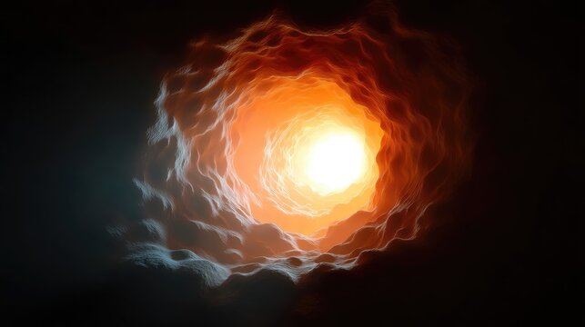 Abstract depiction of light emanating from a swirling tunnel with vibrant hues of orange, yellow, and soft blue tones evoking a sense of depth and mystery