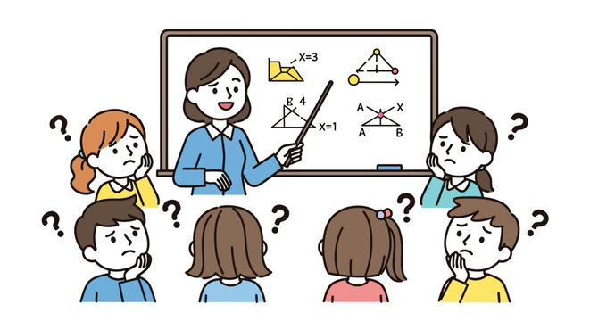 Students looking confused during a math lesson with their teacher pointing at a geometric diagram on a whiteboard