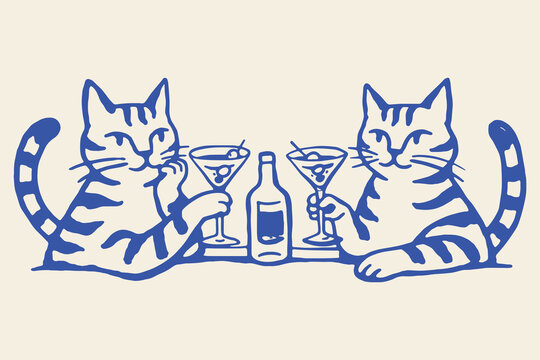Cats with martini cocktails naive doodle vector illustration