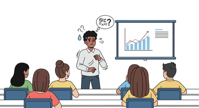 An anxious presenter struggling to explain a rising graph to an attentive audience