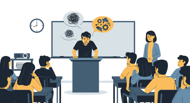 Illustration of a stressed speaker presenting in front of a classroom with students looking on, a projector is set up on a table, and a clock hangs on the wall