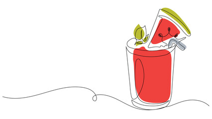 Continuous One Line Drawing of Watermelon Juice Glass with Slice Garnish and Mint © Walija