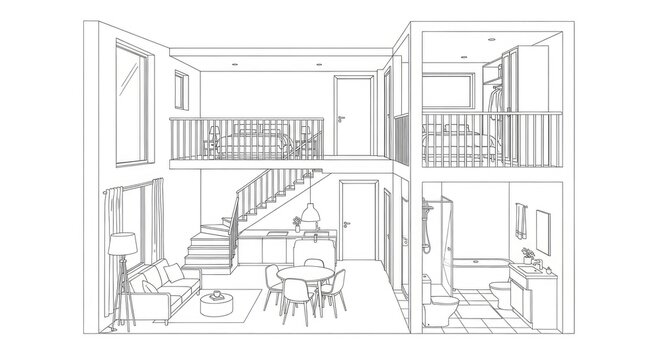 Architectural cutaway interior view drawing of modern home design