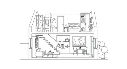 Naklejka premium Architectural cross section house illustration interior design outline drawing