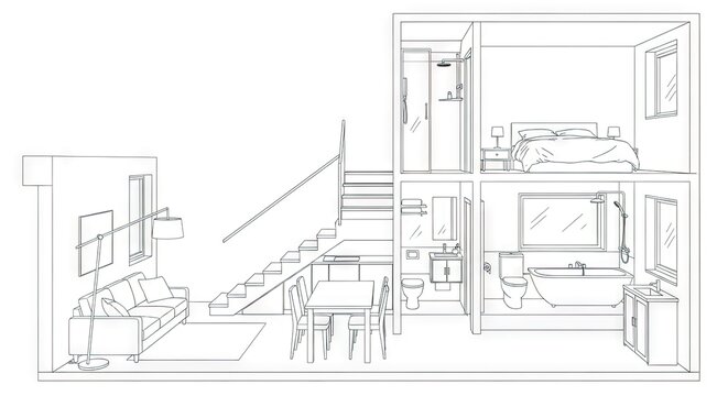 Architectural cross section sketch of a modern house interior with furniture and stairs