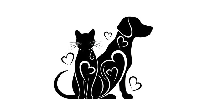 Black cat and dog silhouettes with heart designs on white background