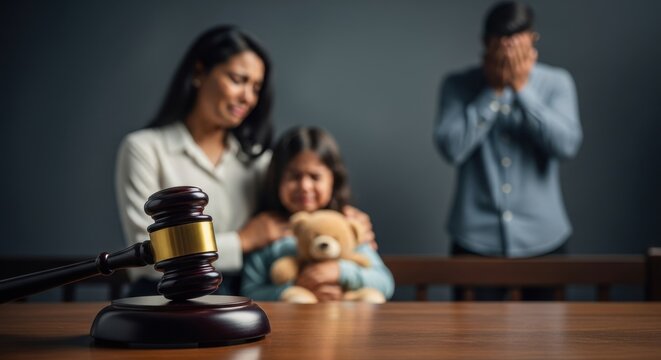 Martelo do juiz em foco com uma fam&iacute;lia brasileira triste chorando no fundo, conceito de div&oacute;rcio, guarda de filhos e direito de fam&iacute;lia