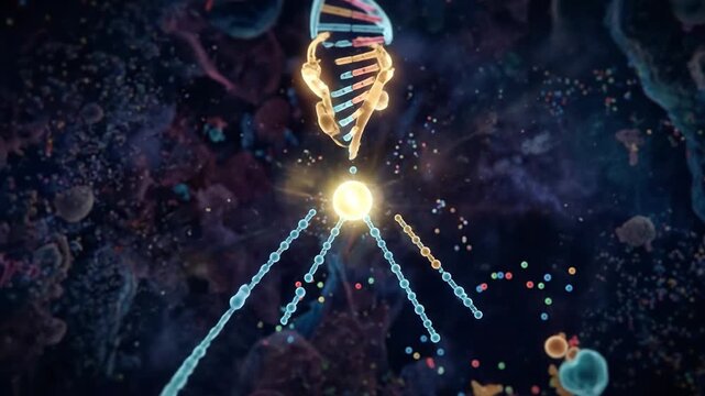 Cinematic 3D macro animation of a glowing DNA double helix replicating and unzipping in a complex cellular environment