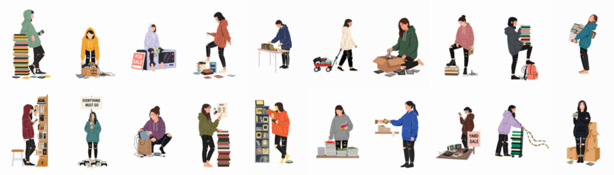 Diverse set of illustrated characters buying, selling, and organizing vintage electronics, video games, and books at a yard sale or thrift market.