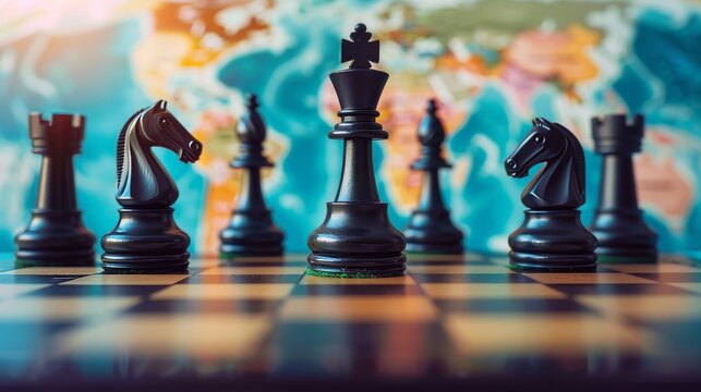 Strategic showdown on a classic chessboard with an intricate world map in the background