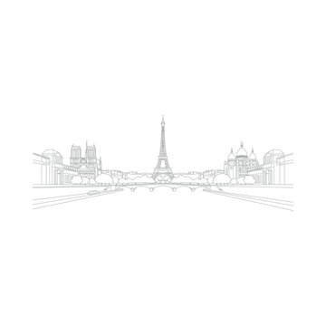 Eiffel Tower Paris Cityscape Line Drawing.