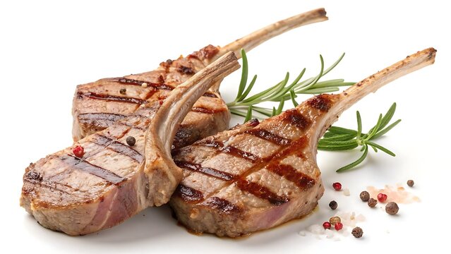 Grilled Lamb Chops Close-Up Macro Shot with Rosemary and Spices on White Background