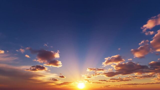 Wide shot of a bright yellow sun positioned low on the horizon during sunrise or sunset, casting a warm golden glow on scattered fluffy clouds against a clear deep blue gradient sky.