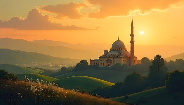 Peaceful Ramadan greeting background featuring a beautiful mosque blended with a natural landscape under soft sunset light