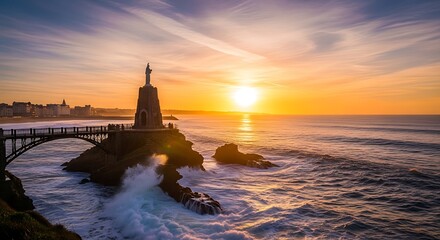 Fototapeta premium Spectacular Sunset Over the Coastal Bridge and Statue.