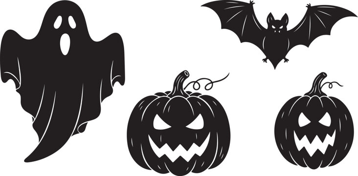 Halloween icons including ghost, bat, and jack-o-lanterns in black
