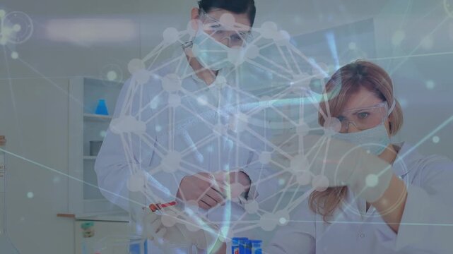 Animation of dna strand, globe and connections over diverse scientists in laboratory