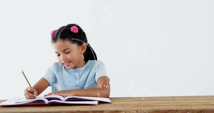 Animation of math formulas over happy girl doing homework