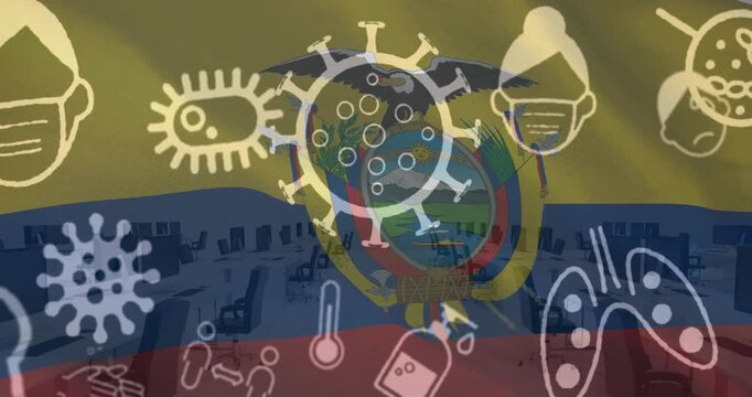 Animation of virus cells and covid icons over flag of ecuador