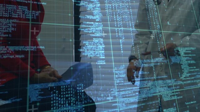 Animation of data processing over diverse male basketball players at gym