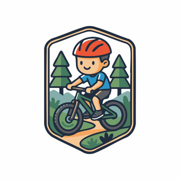 A smiling young boy riding a mountain bike wearing a protective helmet in this AI Generative vector illustration