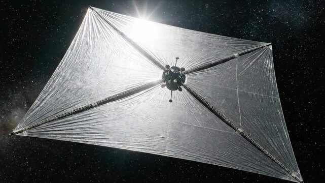 Cinematic 3D animation of a futuristic solar sail spacecraft rotating in deep space illuminated by a bright star