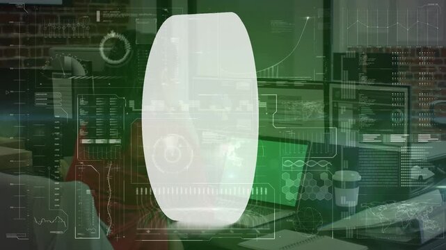 Animation of digital screen with white shape over diverse buisnesspeople in face masks