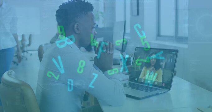 Animation of network of connections with icons over businessman using computer