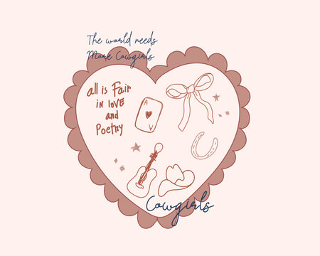 Cowgirl Tee shirt Design artwork. Girl's graphic t shirt design. Cowgirl with Bow, Getter, Heat, together make hand drawn vector print. 