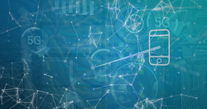 Animation of computer icons and dots interconnecting with lines and circles with 5g text