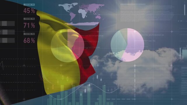 Animation of german flag waving against skyscape with bright sun and infographic interface