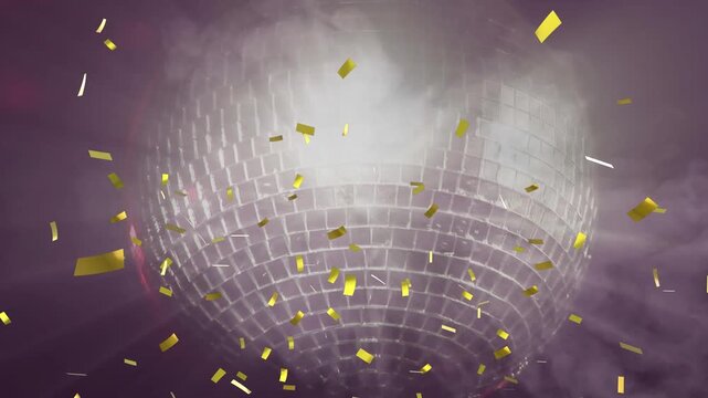 Animation of confetti popping against purple shiny disco ball spinning with smoke