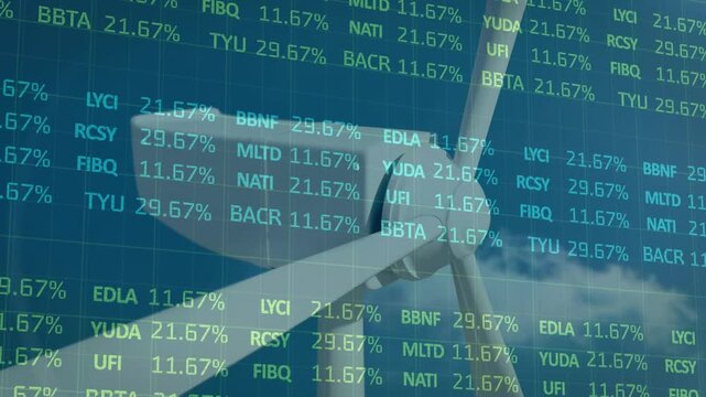 Animation of data processing over wind turbine and turbine and sky with clouds