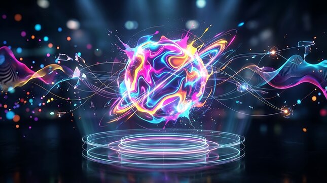 Futuristic fluid shape with vibrant neon colors and splash effect in creative digital background