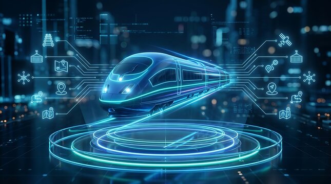 Futuristic high speed train glowing in blue neon with digital cityscape and smart transport icons
