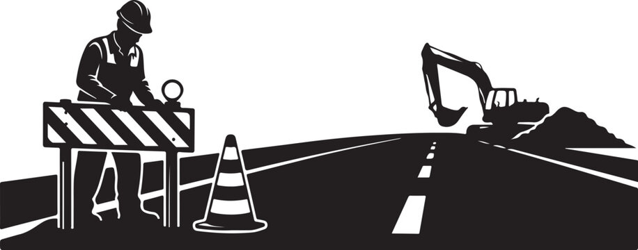 Road construction worker directing traffic with excavator nearby scene