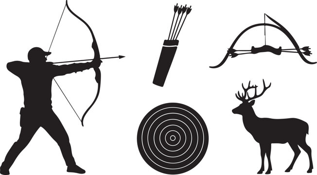 Archery silhouette set with bow, arrows, and target practice