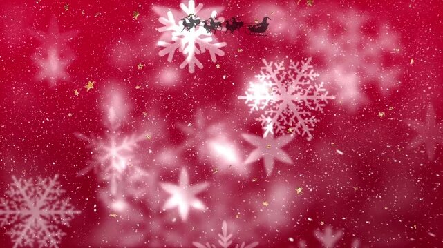 Animation of snow falling, snowflakes and santa claus in sleigh with reindeer